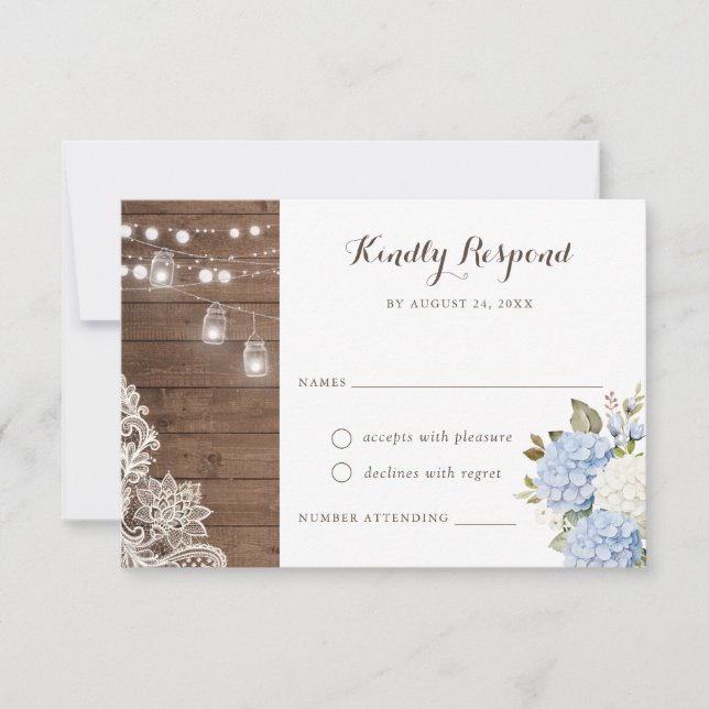 Invitación Blue Hydrangea Rustic Wood String Lights RSVP (Anverso)