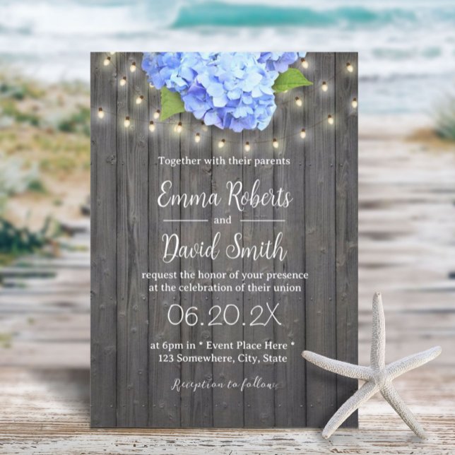 Invitación Blue Hydrangea & String Lights Barn Wood Boda (Subido por el creador)