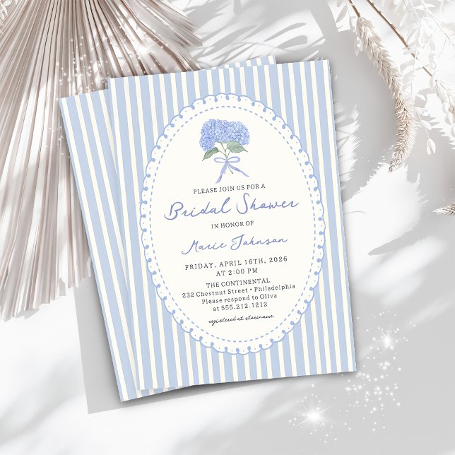 Invitación Blue Hydrangea Stripes Bridal Shower Invitation (Subido por el creador)
