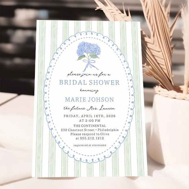 Invitación Blue Hydrangea Stripes Bridal Shower Invitation (Subido por el creador)