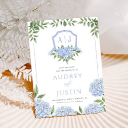 Invitación Blue Hydrangea Watercolor Escudo Guardar fecha