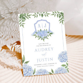 Invitación Blue Hydrangea Watercolor Escudo Guardar fecha