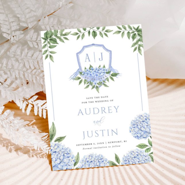 Invitación Blue Hydrangea Watercolor Escudo Guardar fecha (Subido por el creador)