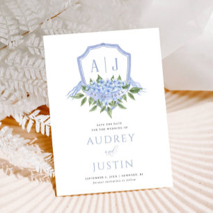 Invitación Blue Hydrangea Watercolor Escudo Guardar fecha