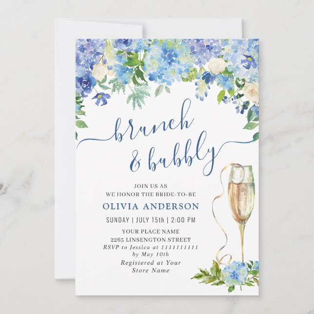 Invitación Blue Hydrangea Watercolor Floral Brunch y Bubbly (Anverso)