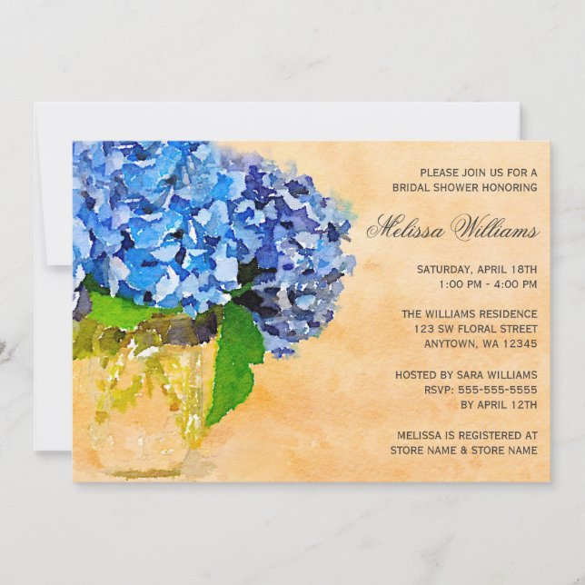 Invitación Blue Hydrangea Watercolor Mason Jar Ducha Británic (Anverso)