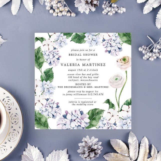 Invitación Blue Hydrangea White Rose Bridal Shower Square (Subido por el creador)