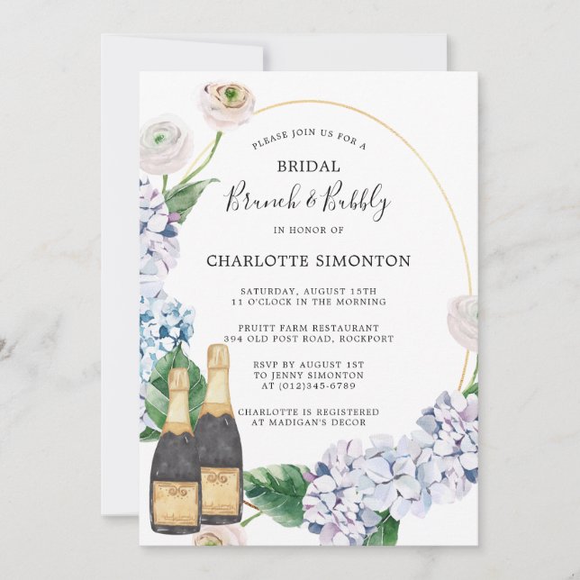 Invitación Blue Hydrangea White Rose Floral Brunch Bubbly (Anverso)