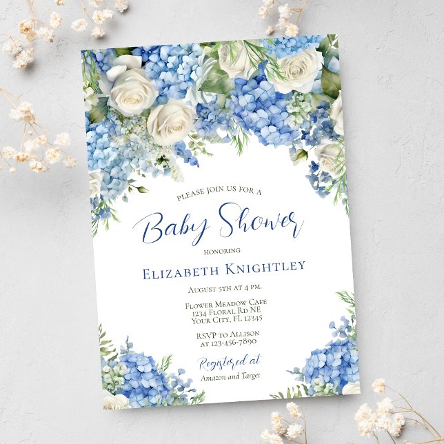 Invitación Blue Hydrangea White Roses Boy Baby Shower (Subido por el creador)