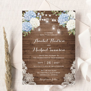 Invitación Blue Hydrangea Wood Lace String Light Boda