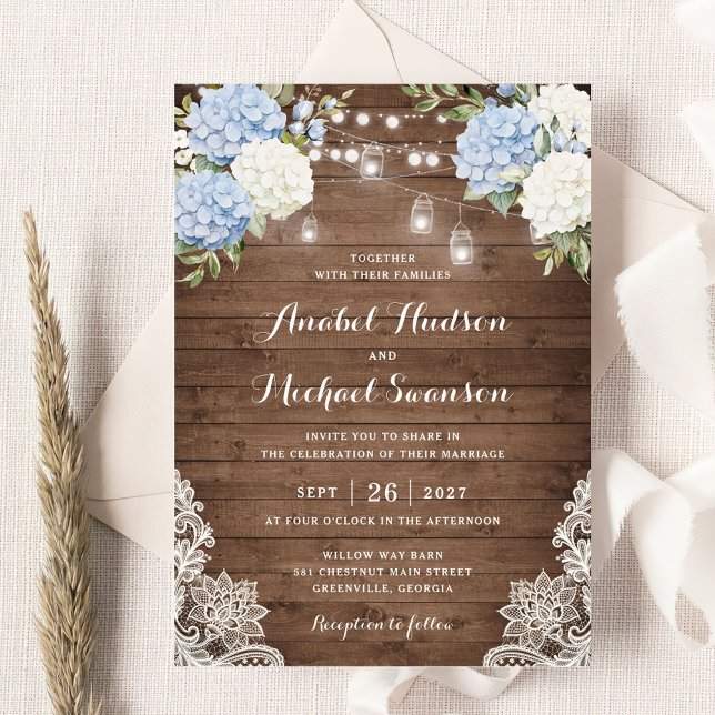 Invitación Blue Hydrangea Wood Lace String Light Boda (Subido por el creador)