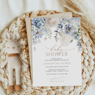 Invitación Blue Hydrangea y Rubor Rosas Baby Shower