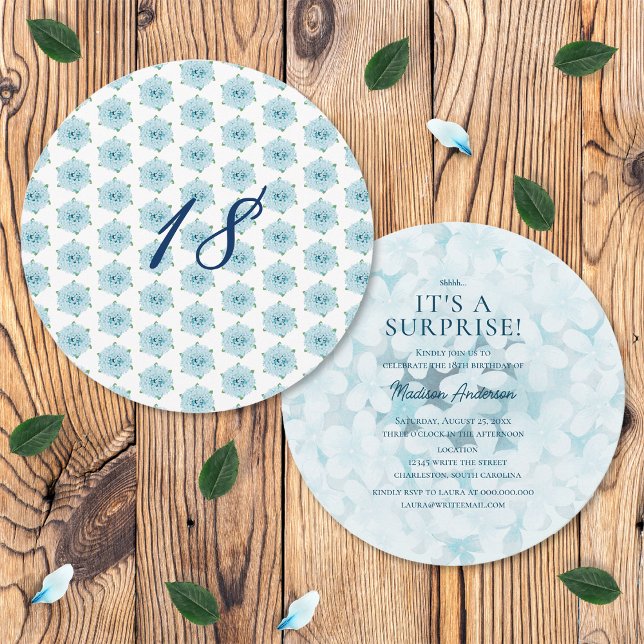 Invitación Blue Hydrangeas 18ª fiesta de cumpleaños sorpresa (Front and Back)