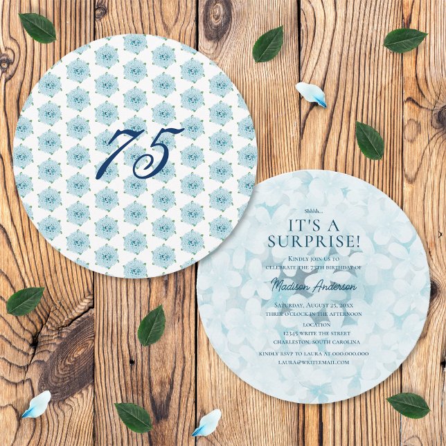 Invitación Blue Hydrangeas 75th Surprise Birthday Party (Front and Back)