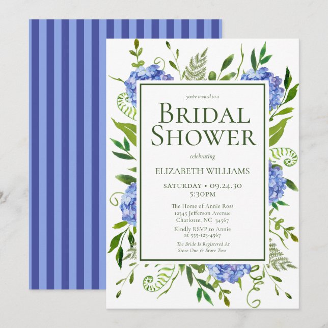 Invitación Blue Hydrangeas Agua Floral Ducha de novia (Anverso / Reverso)