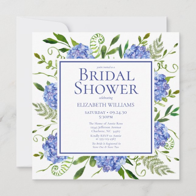 Invitación Blue Hydrangeas Agua Floral Ducha de novia (Anverso)