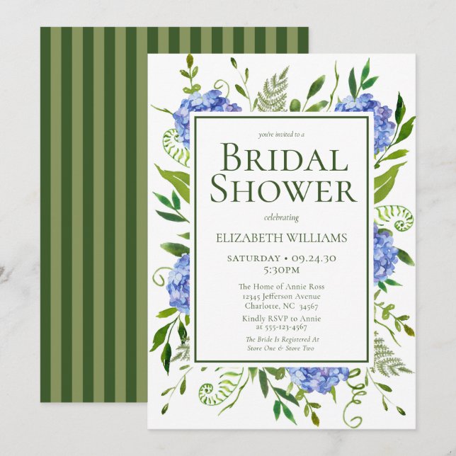Invitación Blue Hydrangeas Agua Floral Ducha de novia (Anverso / Reverso)