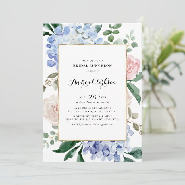 Invitación Blue Hydrangeas and Pink Roses Bridal Luncheon (Anverso de pie)
