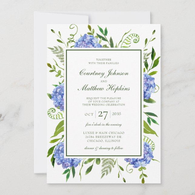 Invitación Blue Hydrangeas Boda (Anverso)
