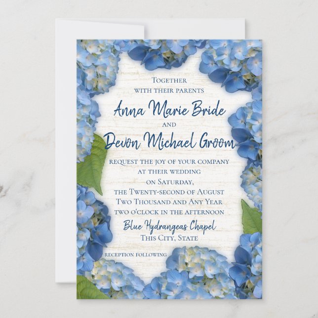 Invitación Blue Hydrangeas Boda (Anverso)