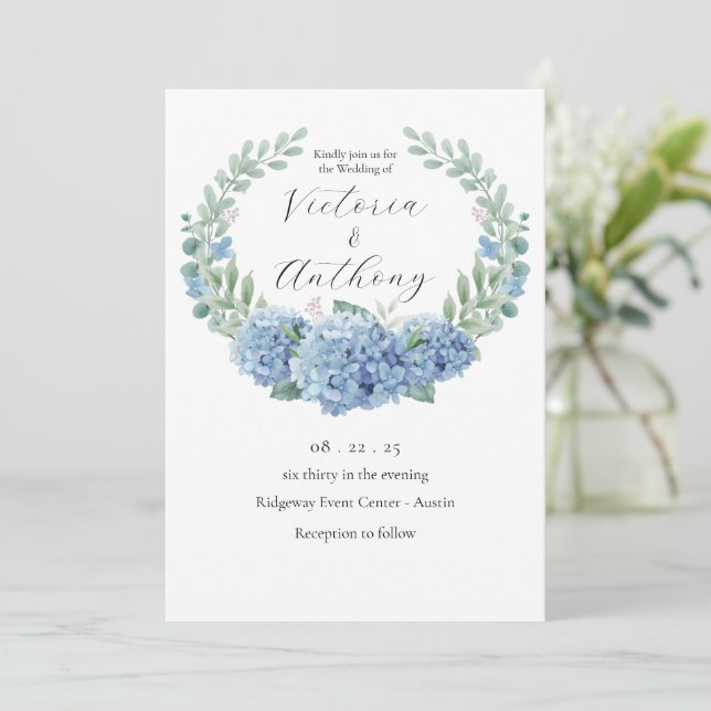 Invitación Blue Hydrangeas Boda Floral Elegante (Anverso de pie)