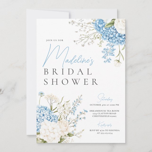 Invitación Blue Hydrangeas Bridal Shower (Anverso)