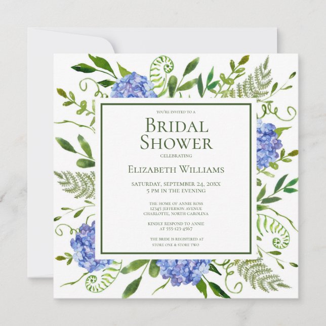 Invitación Blue Hydrangeas Bridal Shower (Anverso)