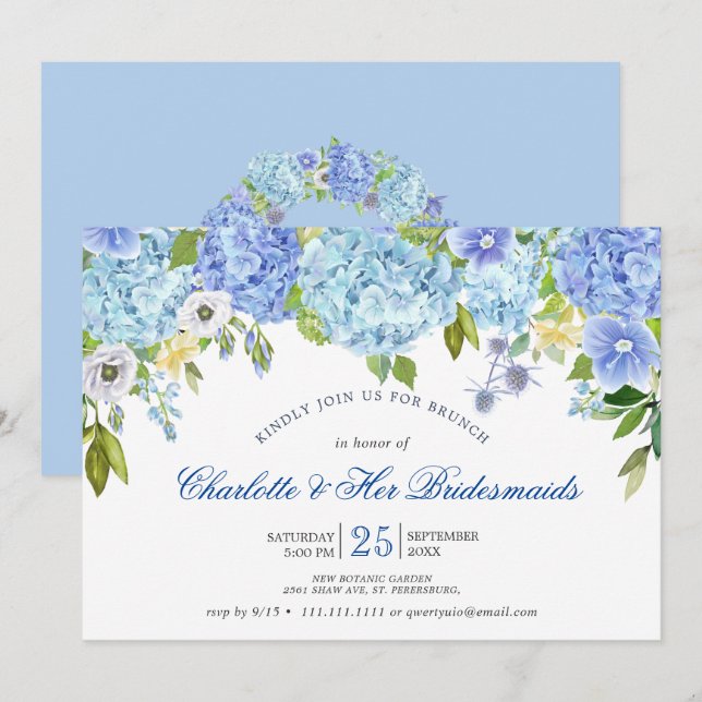 Invitación Blue Hydrangeas Floral Green Bridesmaids Brunch (Anverso / Reverso)