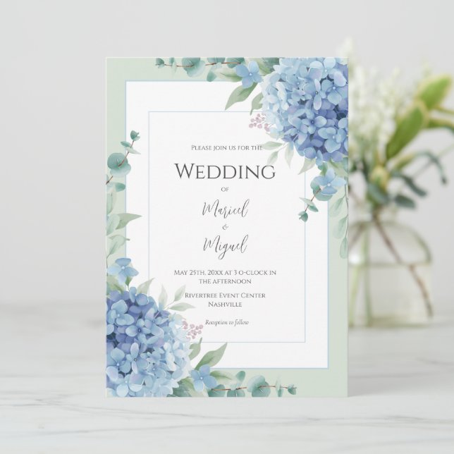 Invitación Blue Hydrangeas Floral Photo Elegant Wedding (Anverso de pie)
