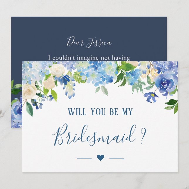 Invitación Blue Hydrangeas Floral Serás Mi Novia (Anverso / Reverso)