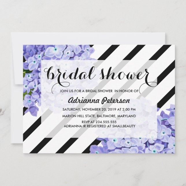 Invitación Blue Hydrangeas Floral Stripes Brillantes Shower (Anverso)