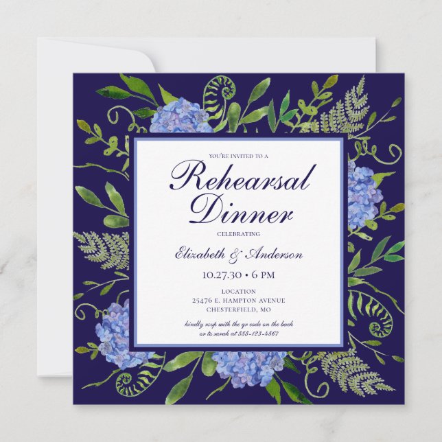 Invitación Blue Hydrangeas Floral Watercoloración ensayar Cen (Anverso)