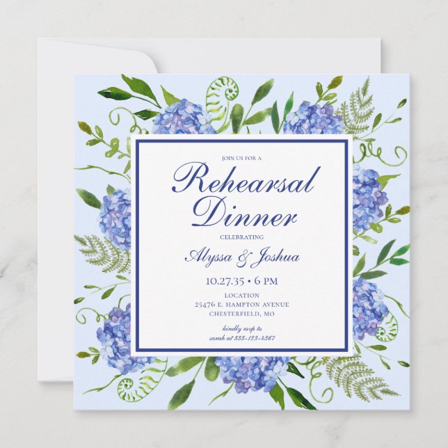 Invitación Blue Hydrangeas Floral Watercoloración ensayar Cen (Anverso)