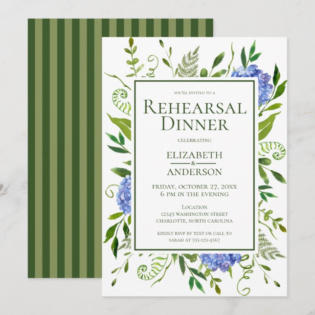 Invitación Blue Hydrangeas Floral Watercoloración ensayar Cen (Anverso / Reverso)