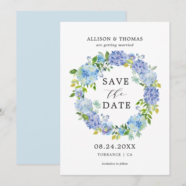 Invitación Blue Hydrangeas Floral Wreath Save the Dates Cards (Anverso / Reverso)