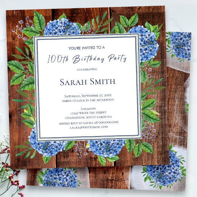 Invitación Blue Hydrangeas Rustic Wood 100 cumpleaños (Subido por el creador)