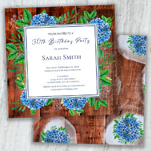 Invitación Blue Hydrangeas Rustic Wood 30 Fiesta de cumpleaño
