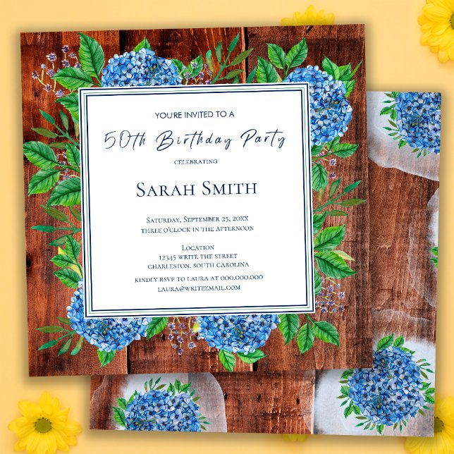 Invitación Blue Hydrangeas Rustic Wood 50 cumpleaños (Subido por el creador)