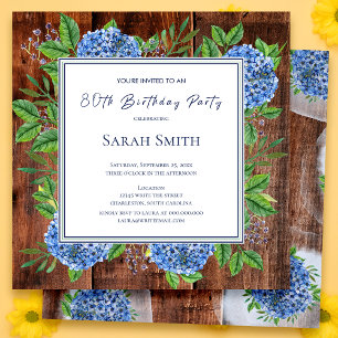 Invitación Blue Hydrangeas Rustic Wood 80 cumpleaños