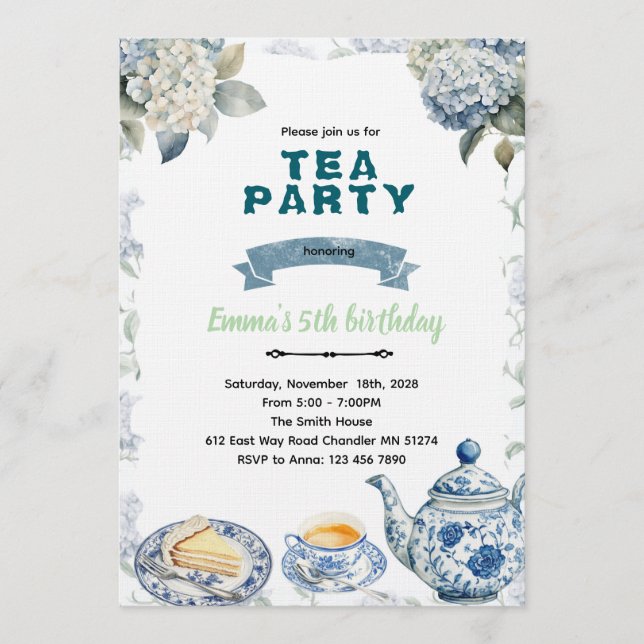 Invitación Blue Hydrangeas tea party Invitation (Anverso)