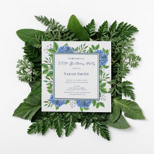 Invitación Blue Hydrangeas Watercolor 100 cumpleaños