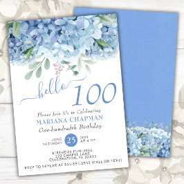 Invitación Blue Hydrangeas Watercolor Floral 100 cumpleaños