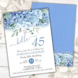 Invitación Blue Hydrangeas Watercolor Floral 45º cumpleaños