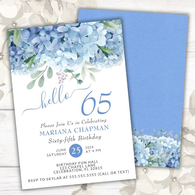 Invitación Blue Hydrangeas Watercolor Floral 65º cumpleaños (Subido por el creador)