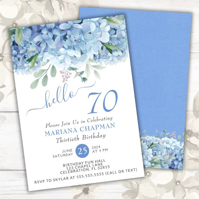 Invitación Blue Hydrangeas Watercolor Floral 70th Birthday In (Subido por el creador)