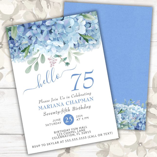 Invitación Blue Hydrangeas Watercolor Floral 75º cumpleaños (Subido por el creador)