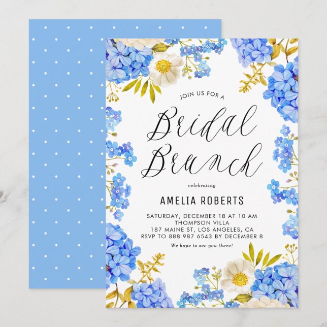 Invitación Blue Hydrangeas Winter Floral Bridal Brunch (Anverso / Reverso)