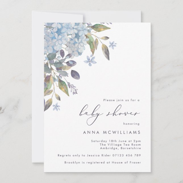 Invitación Blue Hydrangeas y Calligraphy Baby Shower (Anverso)