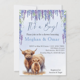 Invitación Blue Hyrdrangeas Ducha de bebé de vaca Highland