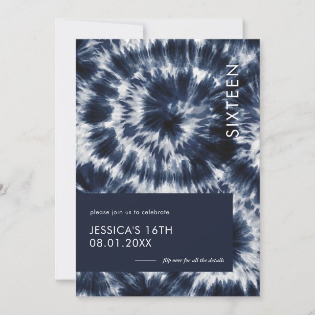 Invitación Blue Indigo Shibori Tie Dye Sweet 16 (Anverso)